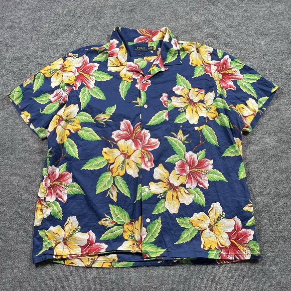 Polo Ralph Lauren Shirt Mens 2XL Colorful Floral Print Hawaiian Loop Collar Camp